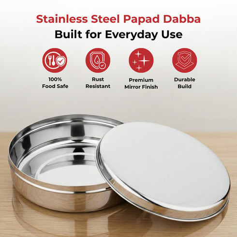 Vinod Stainless Steel Papad Dabba with Mirror Finish Tough and Strong Build Rust Free Easy to Clean and Dishwasher Safe 9.5 Inch No 14
