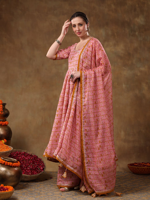Pomcha Jaipur Naila Gotta Lace Work Muslin Angrakha Set With Plazo And Organza Dupatta