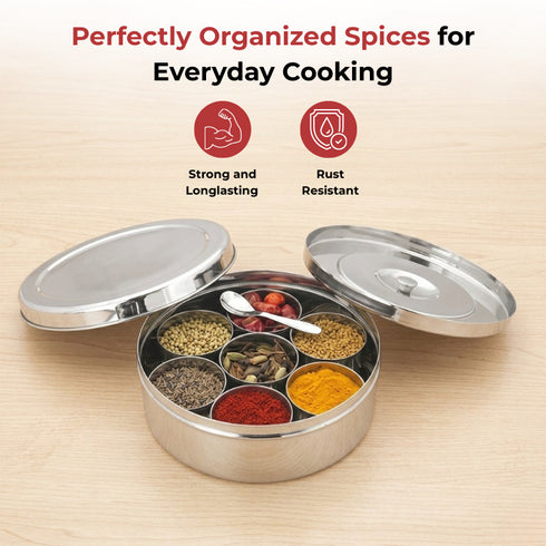 Vinod Stainless Steel Masala Dabba Spice Box with 7 Containers Spoon and Inner Lid Mirror Finish Rust Free Build No 12