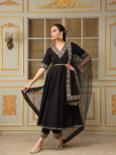 Pomcha Jaipur Saadgi Sunheri Lace Black Anarkali Set