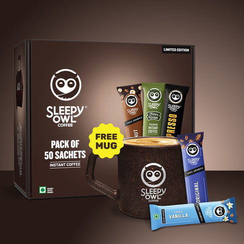 Sleepy Owl Coffee Pack of 50 Sachets + Free Mug Combo