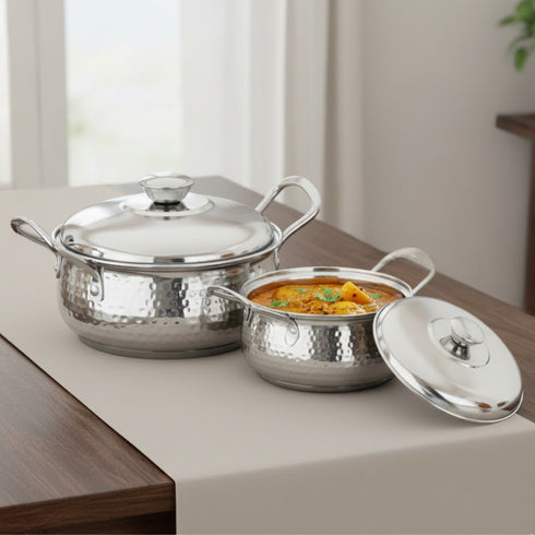 Vinod Stainless Steel Milano Hammered Serving Casserole with Steel Lids and Side Handles Set of 2 1230 ml 1630 ml High Grade Steel Rust Free