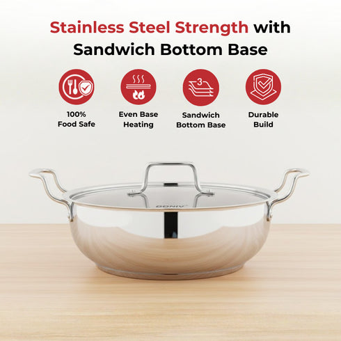 Vinod Doniv Stainless Steel Majestic Sandwich Bottom Kadai with Steel Lid 4.8 Liter 28 cm Induction Friendly