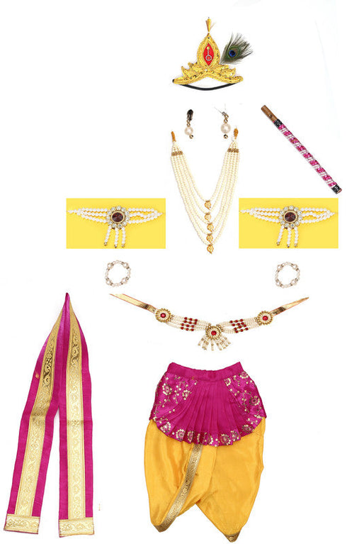 Raj Fancy Dresses Baby Krishna Yellow and Magenta Brocade Fabric Janmashtami Mythological Character Costume