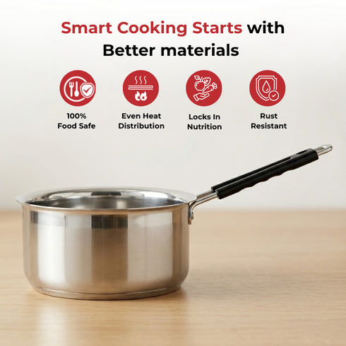 Vinod Stainless Steel Royal Saucepan with Long Side Handle 1250 ml Capacity No 10 Rust Free Dishwasher Safe and Induction Friendly