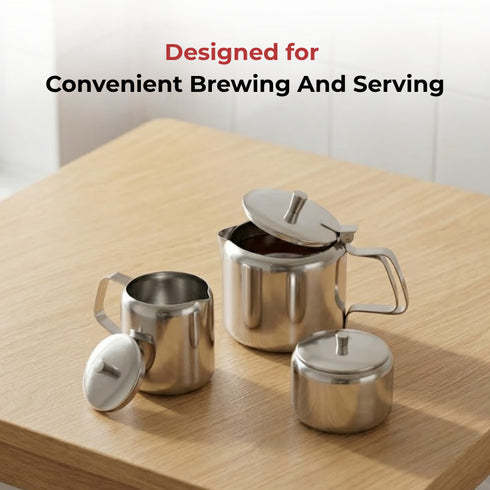 Vinod Stainless Steel 3 Piece Medium Tea Pot Set 750 ml Tea Pot 250 ml Milk Pot and 250 ml Sugar Pot Highest Grade Steel Mirror Finish Rust Free