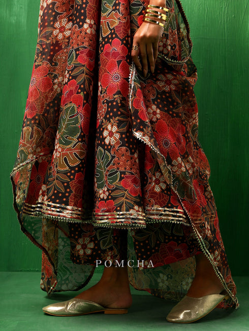 Pomcha Jaipur Adaa Tropical Print Black Muslin Anarkali Set
