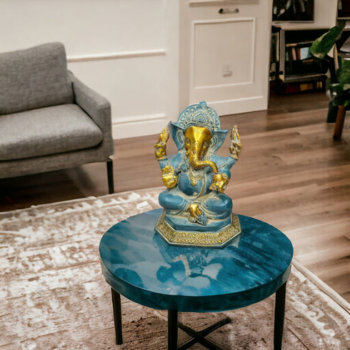 Tamas Brass Handcrafted Lord Mangalkari Ganesh Statue / Idol With Antique Finish , Golden & Blue)