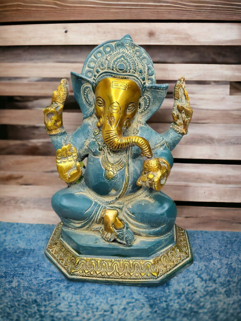 Tamas Brass Handcrafted Lord Mangalkari Ganesh Statue / Idol With Antique Finish , Golden & Blue)