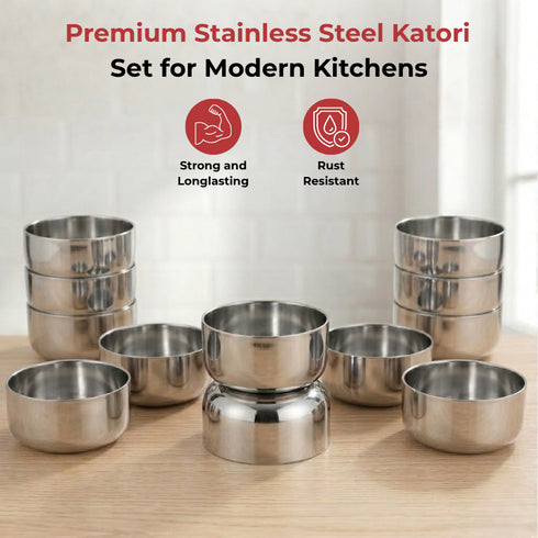 Vinod Stainless Steel Vati Katori Set of 12 Pieces 300 ml Highest Grade Steel Tough and Strong Dishwasher Safe Rust Free