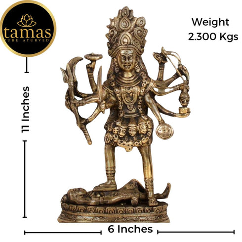 Tamas Brass Handcrafted Mahakali Kalika Maa Statue / Idol with Antique Finish ( Golden) (Pack of 1)
