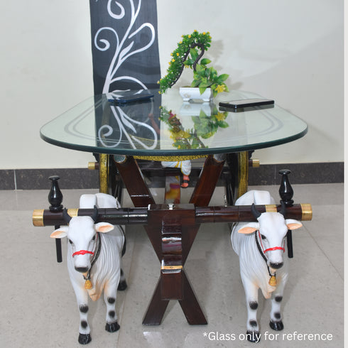 Handcrafted Teak Wood Bullock Cart Teapoy Set with Steel Bulls - Dark Brown Finish