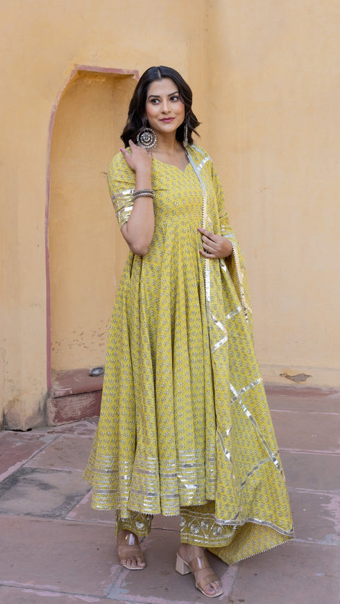 Pomcha Jaipur Yellow Booti Gotta Jaal Cotton Anarkali Set
