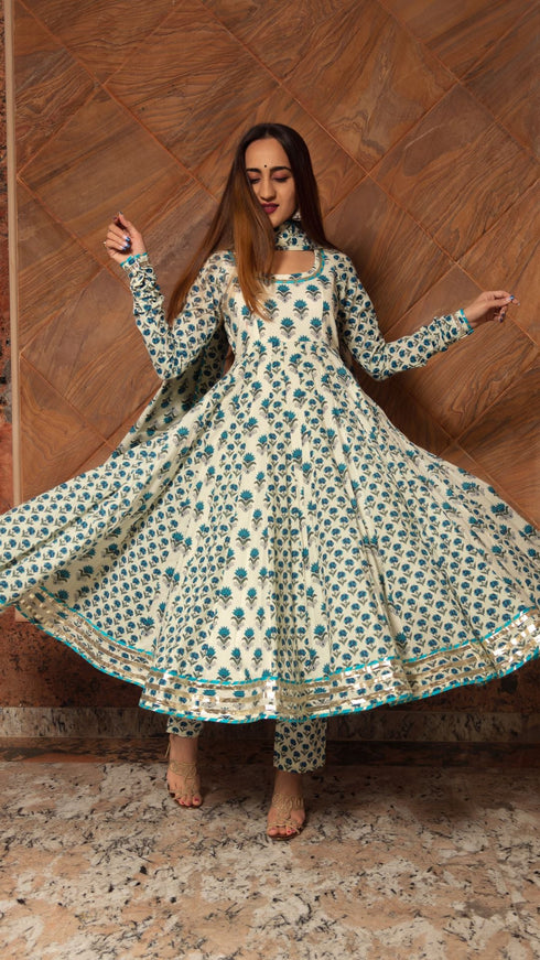 Pomcha Jaipur Paisely Cotton Kalidar Anarkali Set