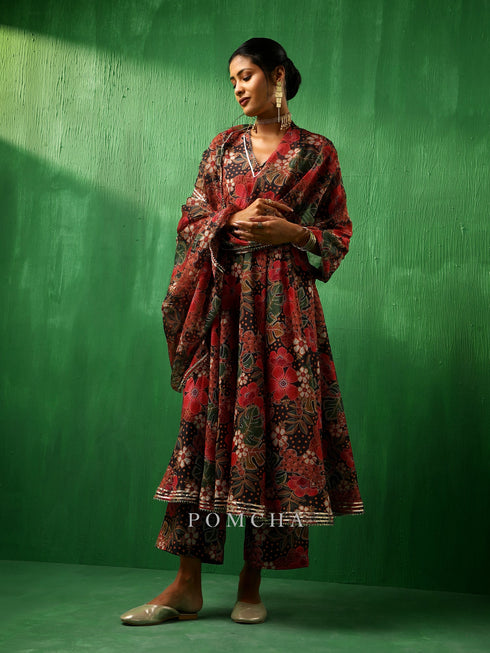 Pomcha Jaipur Adaa Tropical Print Black Muslin Anarkali Set