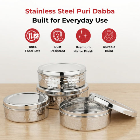 Vinod Stainless Steel Hammered Puri Dabba Set of 4 Capacity 300 ml 450 ml 650 ml 1000 ml Heavy Gauge Steel Airtight Lids Rust Free