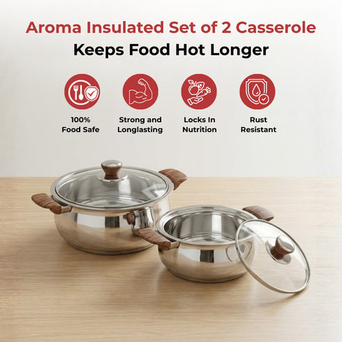Vinod Stainless Steel Aroma Insulated Casserole with Glass Lid and Wooden Knob Set of 2 Pcs Capacity 750 ml and 1250 ml