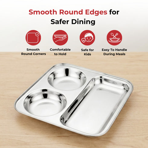 Vinod Stainless Steel 3 In 1 Compartment Plate with Round Edges Pav Bhaji Plate Idli Sambhar Plate Lunch Dinner Plate Pack of 2