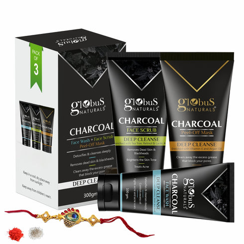 Globus Naturals Charcoal Detox Rakhi Trio Kit - For Brother and Sister - Set of 3