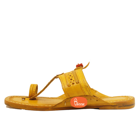 Vhaanfootwear Original Yellow Pure Leather Moja shape Handstitched Kolhapuri Chappal For Men Vhaan