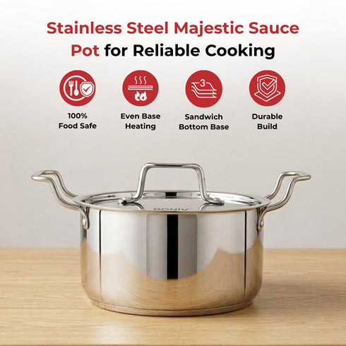 Vinod Doniv Majestic Stainless Steel Sandwich Bottom Sauce Pot With Lid 22 cm 4.5 ltr Induction Friendly