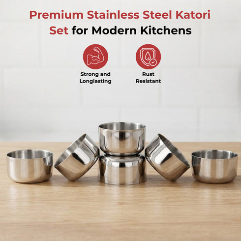 Vinod Stainless Steel Vati Katori Set of 6 Pieces 175 ml Highest Grade Steel Tough and Strong Build Dishwasher Safe and Easy to Clean