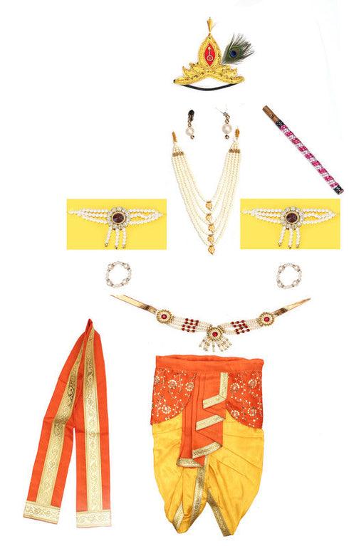 Raj Fancy Dresses Baby Krishna Yellow and Orange Brocade Fabric Janmashtami Mythological Character Costume