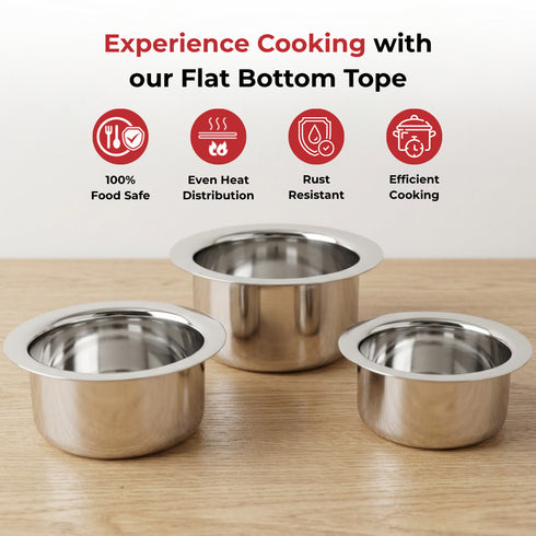 Vinod Stainless Steel Induction Friendly Flat Bottom Cooking Tope With 1.5mm Thickness 18 Gauge Durable Steel 3 Pcs Capacity 1400ml 1800ml and 2300ml No 11 to 13