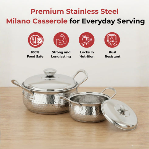 Vinod Stainless Steel Milano Hammered Serving Casserole with Steel Lids and Side Handles Set of 2 1230 ml 1630 ml High Grade Steel Rust Free