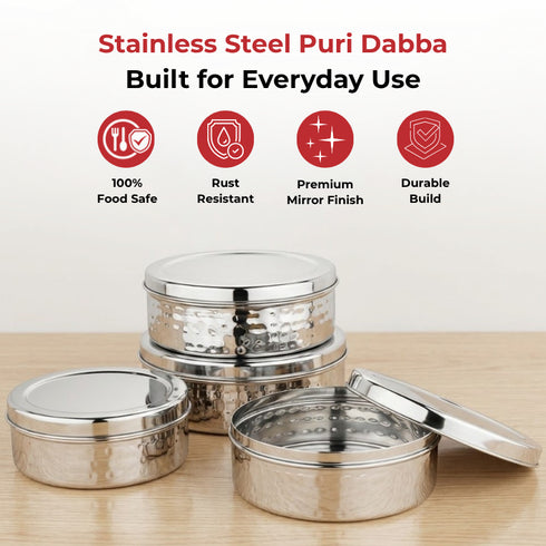Vinod Stainless Steel Hammered Puri Dabba Set of 4 Capacity 1200 ml 1500 ml 2100 ml 2500 ml Heavy Gauge Steel Airtight Lids and Rust Free