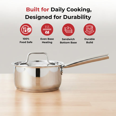 Vinod Doniv Stainless Steel Majestic Sandwich Bottom Sauce Pan 1.1 Liter 14 cms Induction Friendly