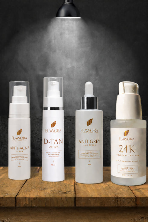 Flawora D-Tan Lotion|Anti Acne Serum | Anti-Grey Hair Serum and Gold Face Serum