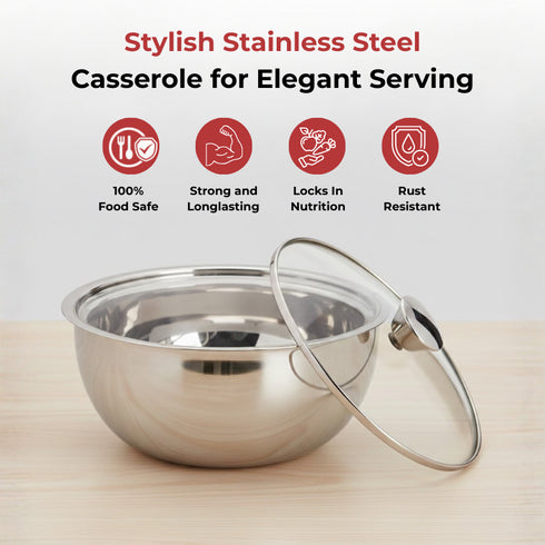 Vinod Stainless Steel Montero Insulated Casserole with Glass Lid and Steel Knob 500 ml PUF Coated High Quality Stainless Steel Mirror Finish