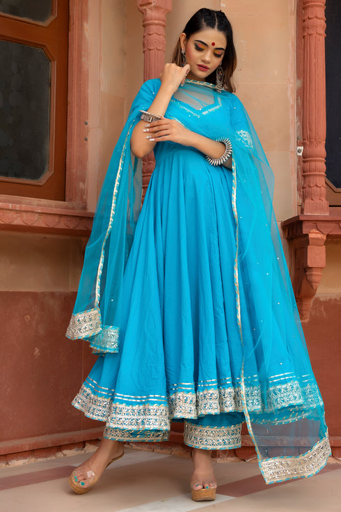 Pomcha Jaipur Kalamkari Blue Pure Cotton Anarkali Set With Soft Net Dupatta