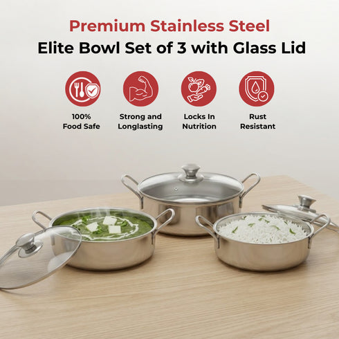 Vinod Stainless Steel Elite Bowl 3 Pcs Set with Glass Lids and Side Handles Highest Grade Stainless Steel Mirror Finish Strong and Sturdy Build