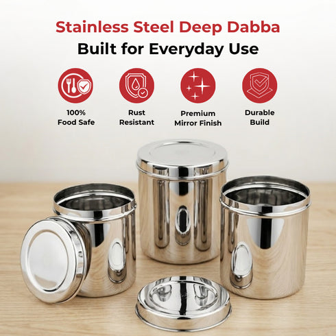 Vinod Stainless Steel Deep Dabba Set of 3 350 ml 500 ml and 750 ml in Heavy Gauge Steel Airtight Lids Mirror Finish Rust Free