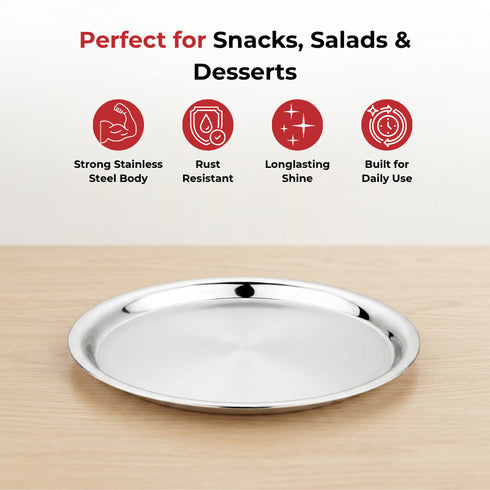 Vinod Stainless Steel Two Tone German Bogi Dish Set of 6 21.5 cm Serving Dish Salad Plate Snack Plate High Quality Steel Mirror Finish
