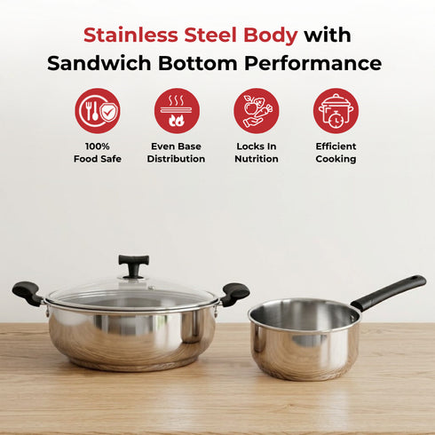 Vinod DONIV Stainless Steel Sandwich Bottom Solitaire Cookware Set 1 Pc Sauce Pan 1 Pc Kadhai with Glass Lid Induction Friendly Set of 2 Pcs