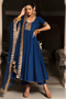 Pomcha Jaipur Minakari Blue Cotton Anarkali Set With Embroidery Lace Soft Net Dupatta