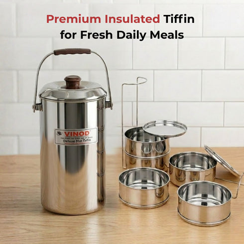 Vinod Stainless Steel Deluxe Hot Tiffin with 5 Compartments Insulated Rust Free Leak Proof Strong and Tough Dishwasher Safe