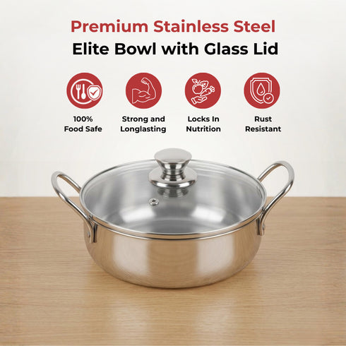 Vinod Stainless Steel Elite Bowl with Glass Lid and Side Handles 900 ml Highest grade Stainless Steel Mirror Finish Dishwasher Safe