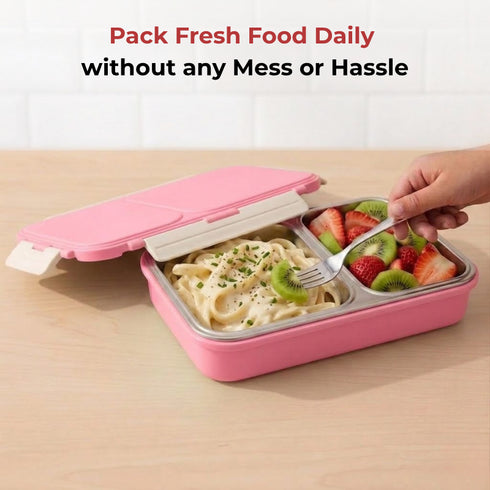 Vinod Stainless Steel Tiffin 2 Compartment Pink Airtight Silicone Sealed Lid Insulated Leak Proof Easy to Clean and Rust Free
