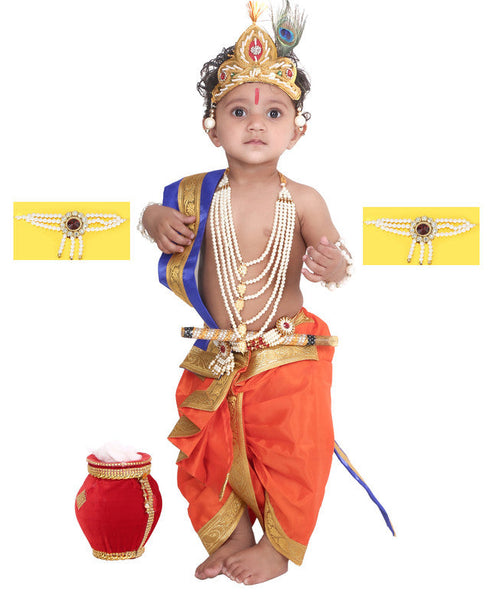 Raj Fancy Baby Krishna Orange and Blue Brocade Fabric Janmashtami Mythological Character Costume