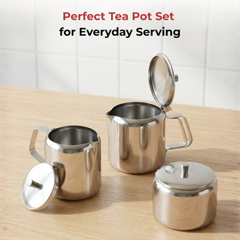 Vinod Stainless Steel 3 Pieces Jumbo Tea Set 1400 ml Tea Pot 250 ml Milk Pot and 250 ml Sugar Pot Highest Grade Steel Mirror Finish Rust Free