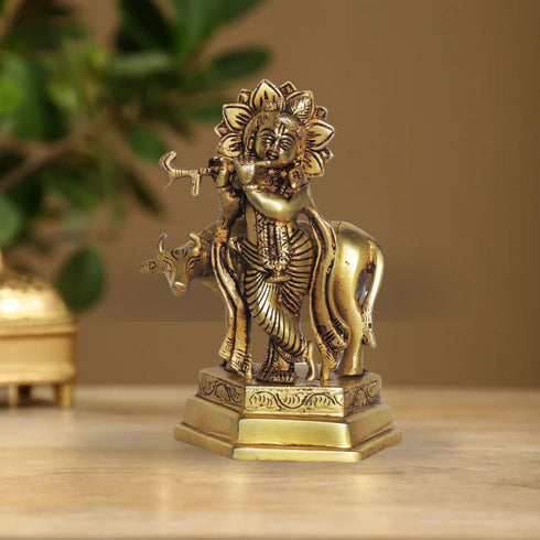Brass Cow Krishna God Idol Statue 1.57Kg