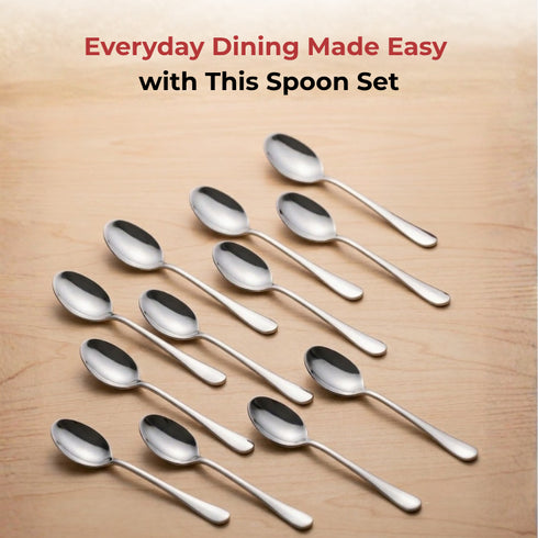 Vinod Decora Stainless Steel Dessert Spoon Set of 12 Piece Heavy Gauge Steel Mirror Finish Rust Free Tough Strong and Durable