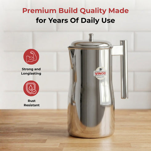 Vinod Stainless Steel Magnum Water Pitcher Jug with Cover 1700 ml Mirror Finish Sturdy Tough Build Dishwasher Safe Leak Free