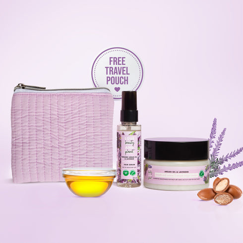Love Beauty And Planet Argan and Lavender Mask + hair Serum combo + Pouch