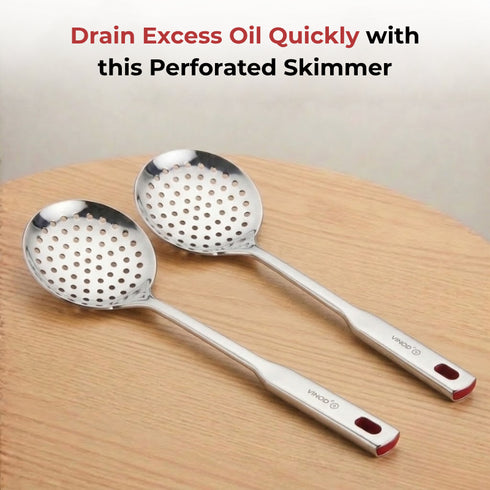 Vinod Stainless Steel Queens Perforated Skimmer Heavy Gauge Strainer Jhara 36.5 cm I Set of 2 I no 1