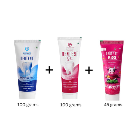 Dente91 Family Toothpaste Combo (Enamel Pro 100g + SHE Toothpaste 100g + Kids Toothpaste, Strawberry Flavour 45g)